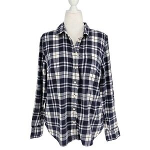 J. Crew Cotton Navy Plaid Flannel Shirt Womens L Preppy